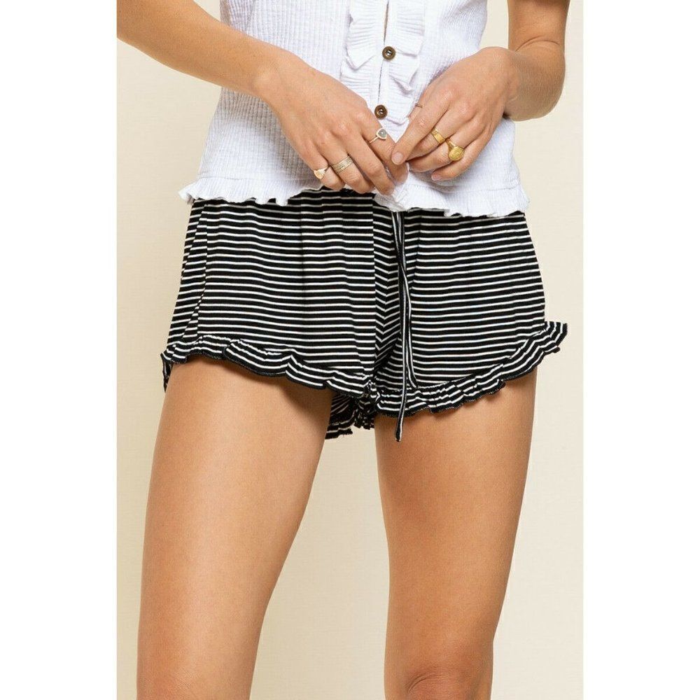 SALE! POL CLOTHING Black White Stripe Ruffle Comfy Shorts Spring Summer